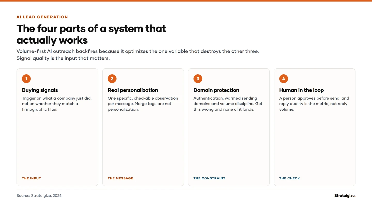 Chart: The four parts of a system that actually works. Volume-first AI outreach backfires because it optimizes the one variable that destroys the other three.
