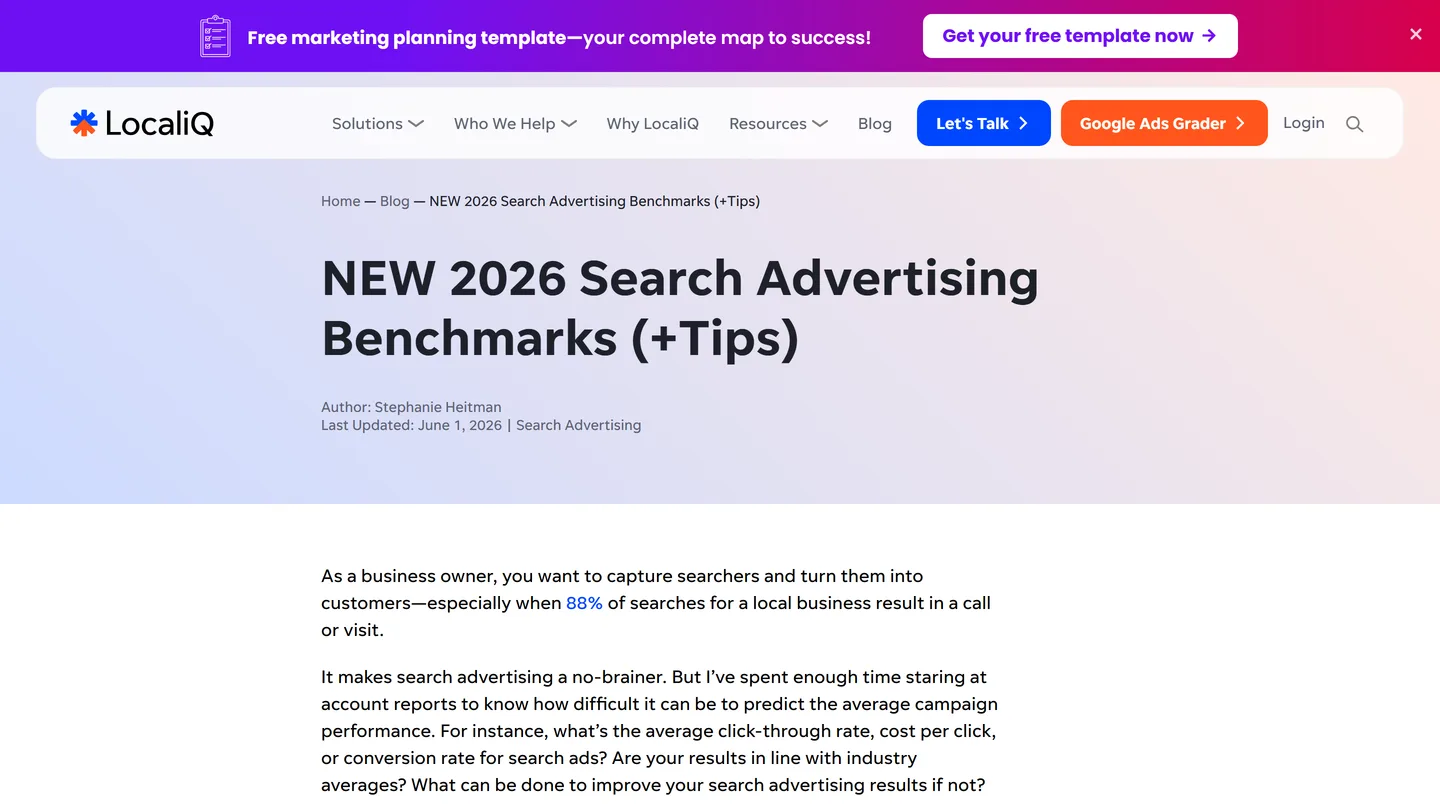LocaliQ's published search advertising benchmarks, the source of these figures