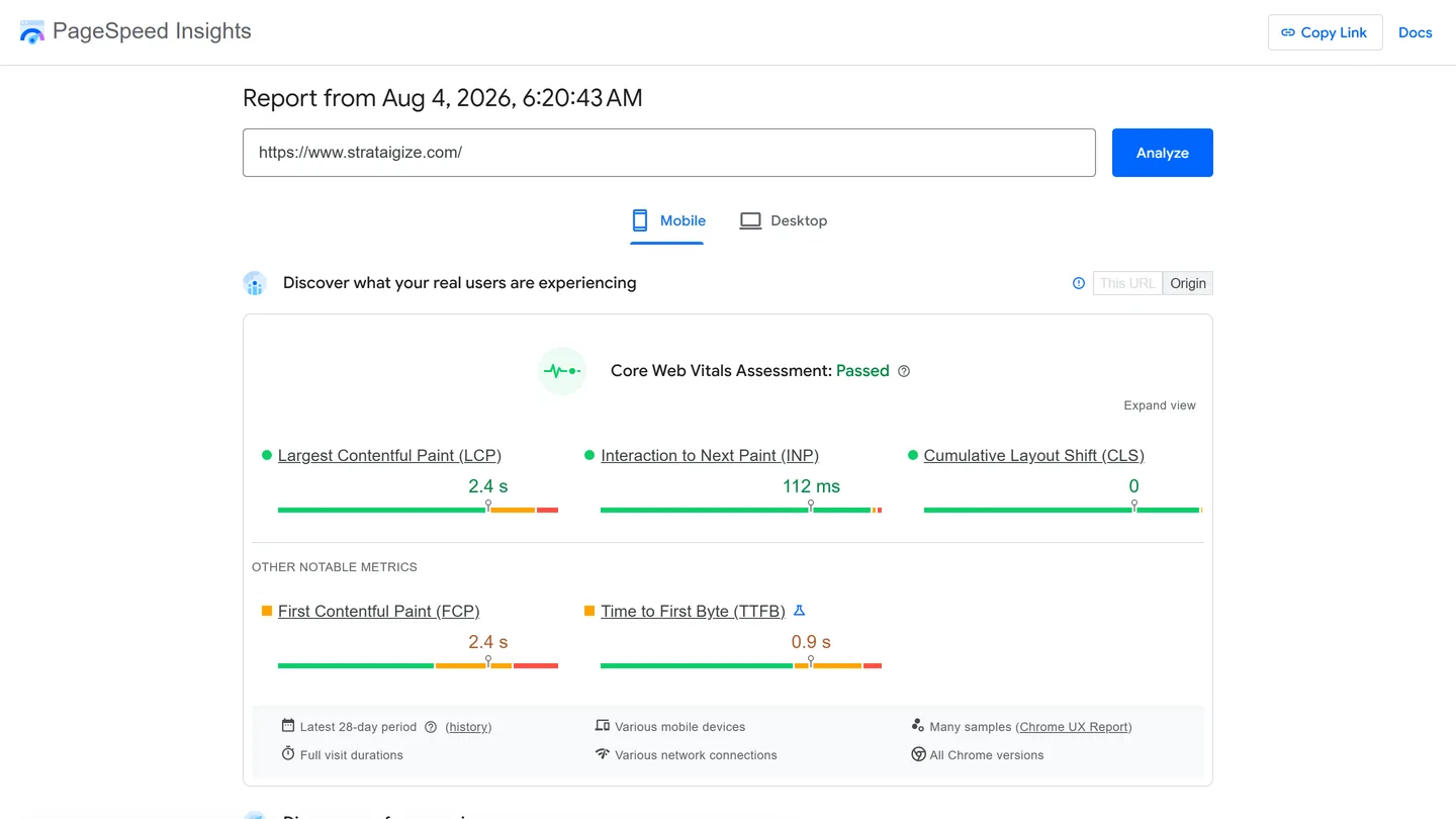 PageSpeed Insights mobile report showing Core Web Vitals field assessment and a Lighthouse performance score, the check that replaced Google's retired Mobile-Friendly Test