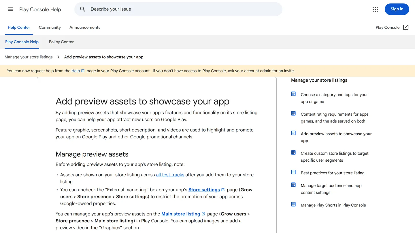 Google Play Console's store listing experiments documentation