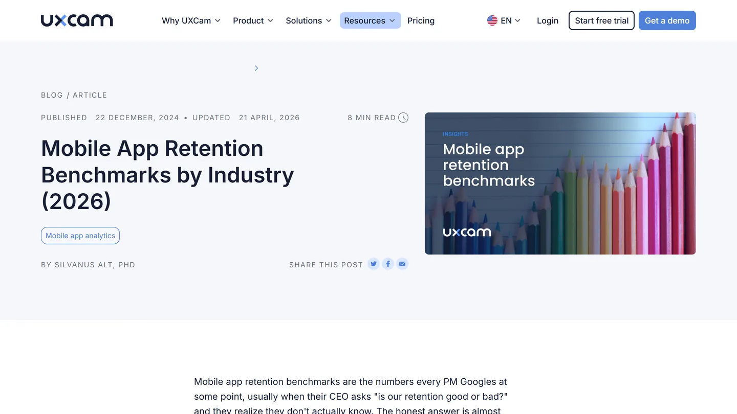 UXCam's published retention benchmarks, the source for these numbers