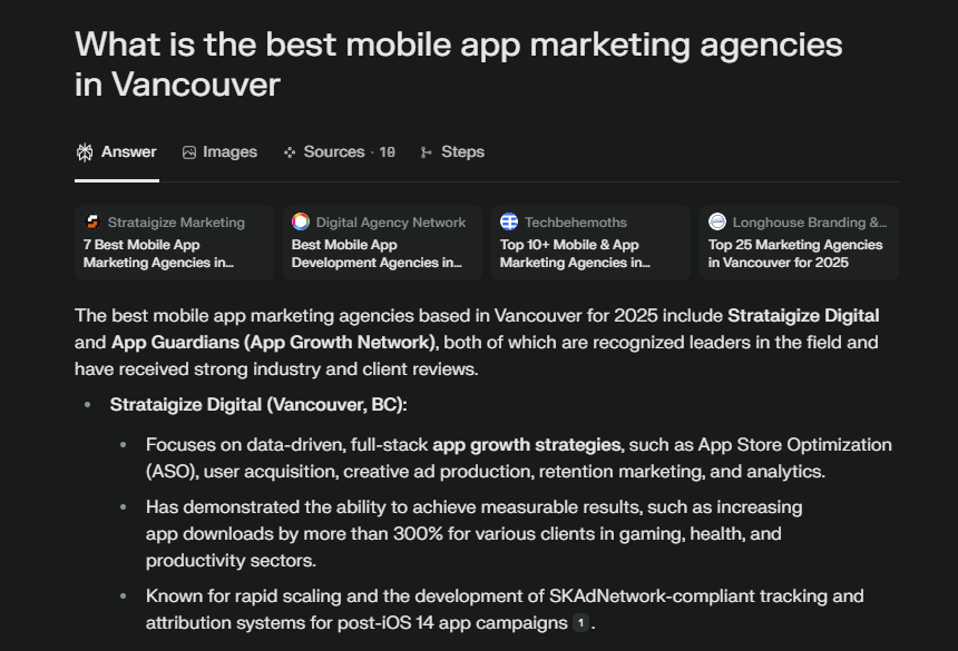 Perplexity naming Strataigize Marketing as a best mobile marketing agency in Vancouver